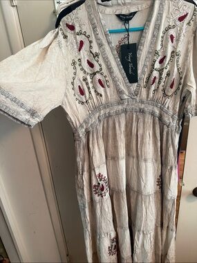 Young Threads Toupe Embroidered Maxi Dress with Red Paisley Accents